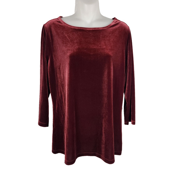 Susan Graver Women Top Stretch Velvet Bateau Neck 3/4 Sleeve Medium Wine A218026 - Picture 1 of 9